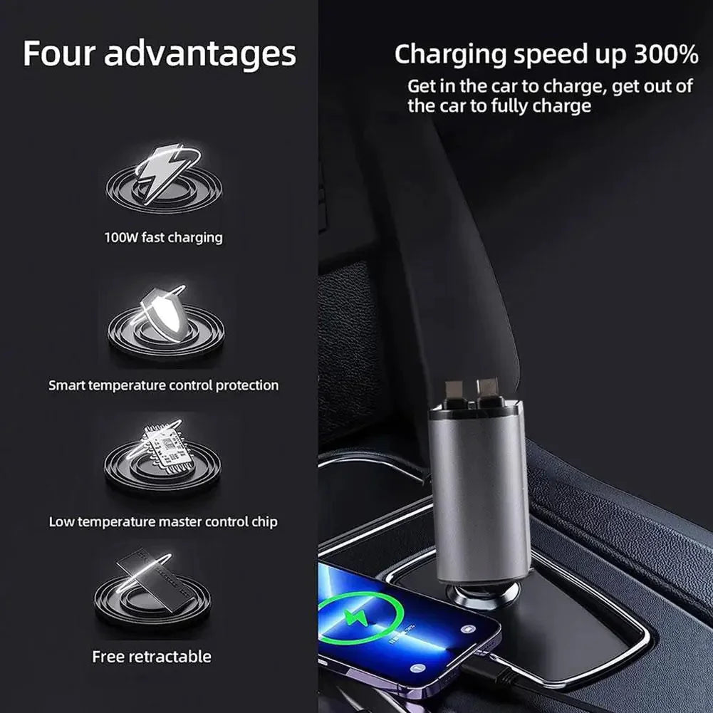 REVNNA™ 4-in-1 Auto-Ladegerät mit ausziehbarem Kabel – 100W Schnellladen